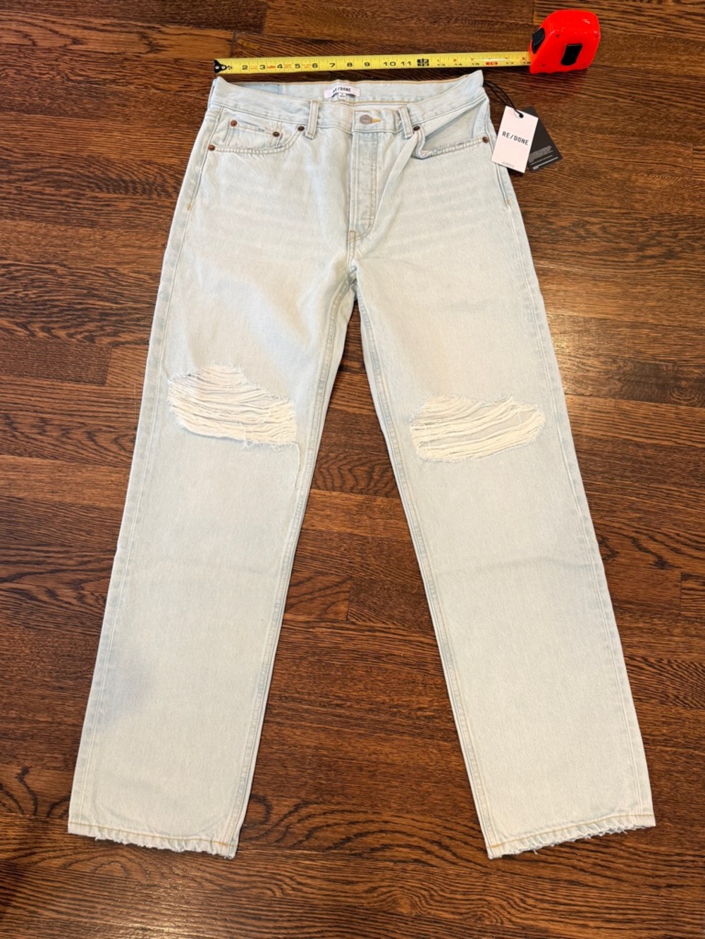 Re/Done Light Blue Straight Leg Jeans with Knee Distressing